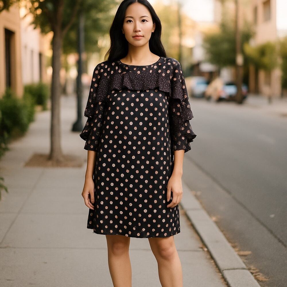 Dress Banana Republic Polka Dot Ruffled 100%Silk  Two Pockets Dress Size 0.